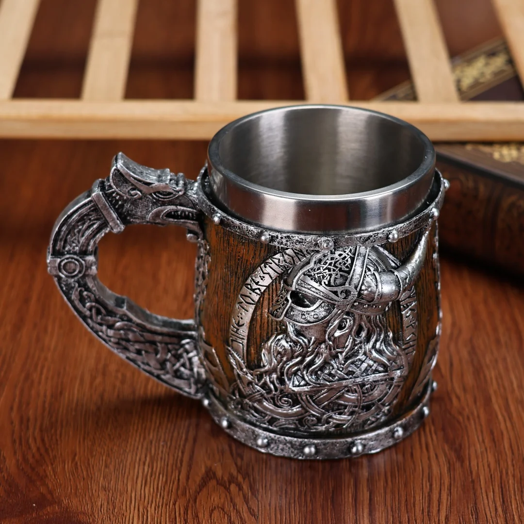 Valhalla Viking Stainless Steel Nordic Viking Barrel Dragon Boat Warrior Horn Skull Beer Mug Tankard Stein Cup 400 ml - view 6