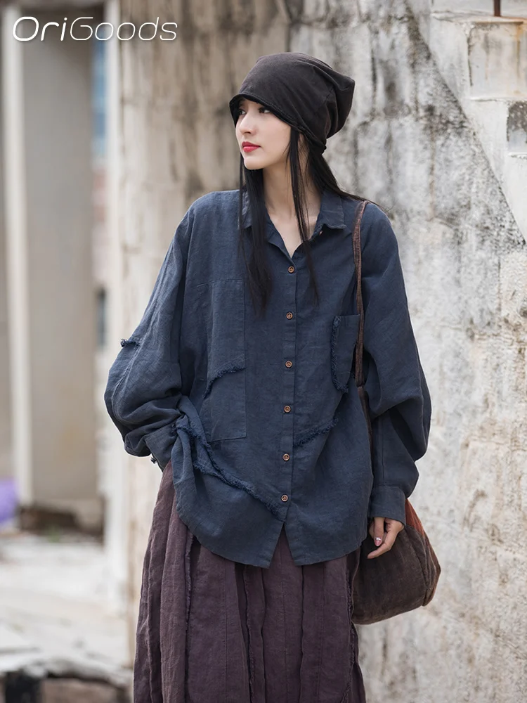 OriGoods Oversized Shirt Women Vintage Original Irregular Loose Shirts Coat Army Green Navy Oversize Mori girl Tops 2024 B136