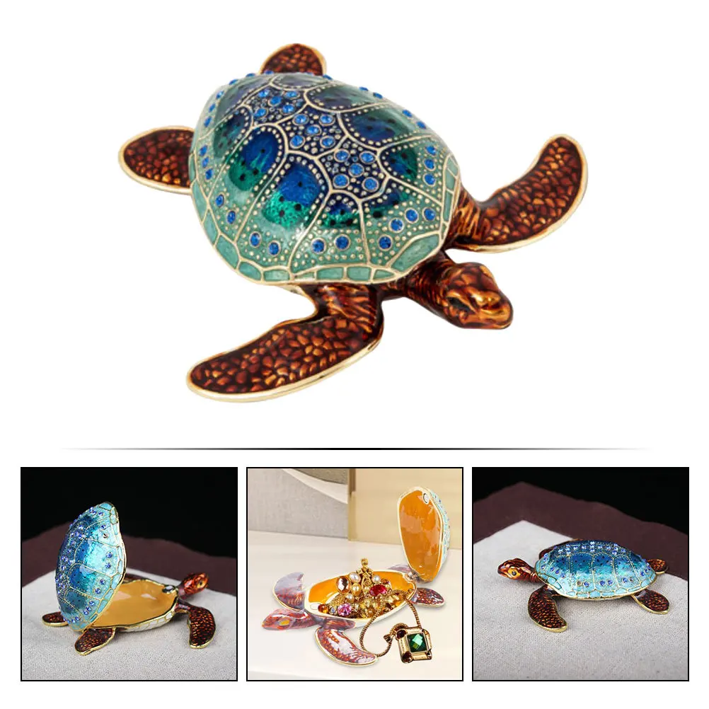 Vintage Enameled Turtle Jewelry Box Small Sea Turtle Shaped Trinket Organizer Desktop Decor Enamel Trinket Box