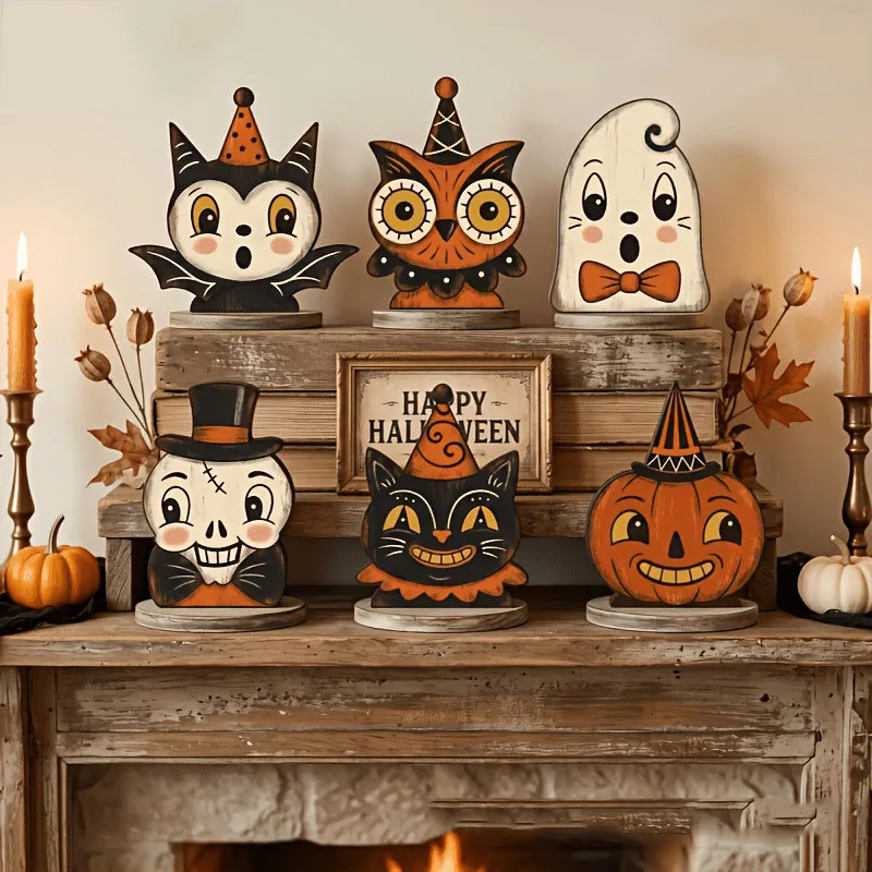 Halloween Wooden Pumpkin Owl 2Sides Print Desktop Ornament Ghost Black Cat Home Decoration Ornament