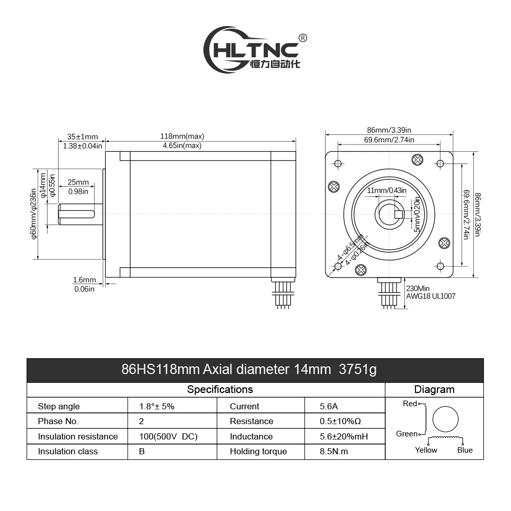Nema34 Stepper Motor 86 Flange 86HS118 5.6A 8.5N.m 1214ozin DC Engine With 4 Lead 1500RPM For CNC Router