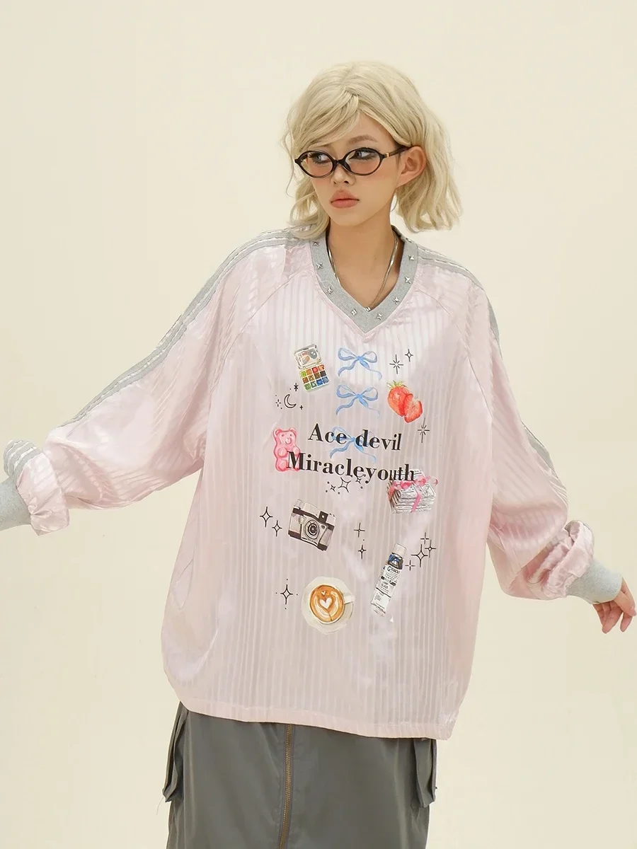 Cartoon Willow Nail Long-sleeved T-shirts 2024 Autumn New Loose Bf American College Top Women