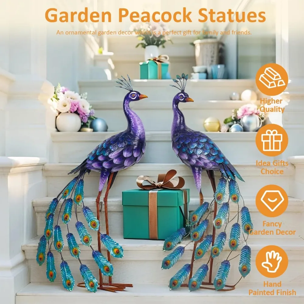 تماثيل حديقة الطاووس المعدنية الكبيرة - ديكور فني أنيق للفناء باللون الأرجواني، منحوتات رائعة للطيور للحدائق الخارجية #5