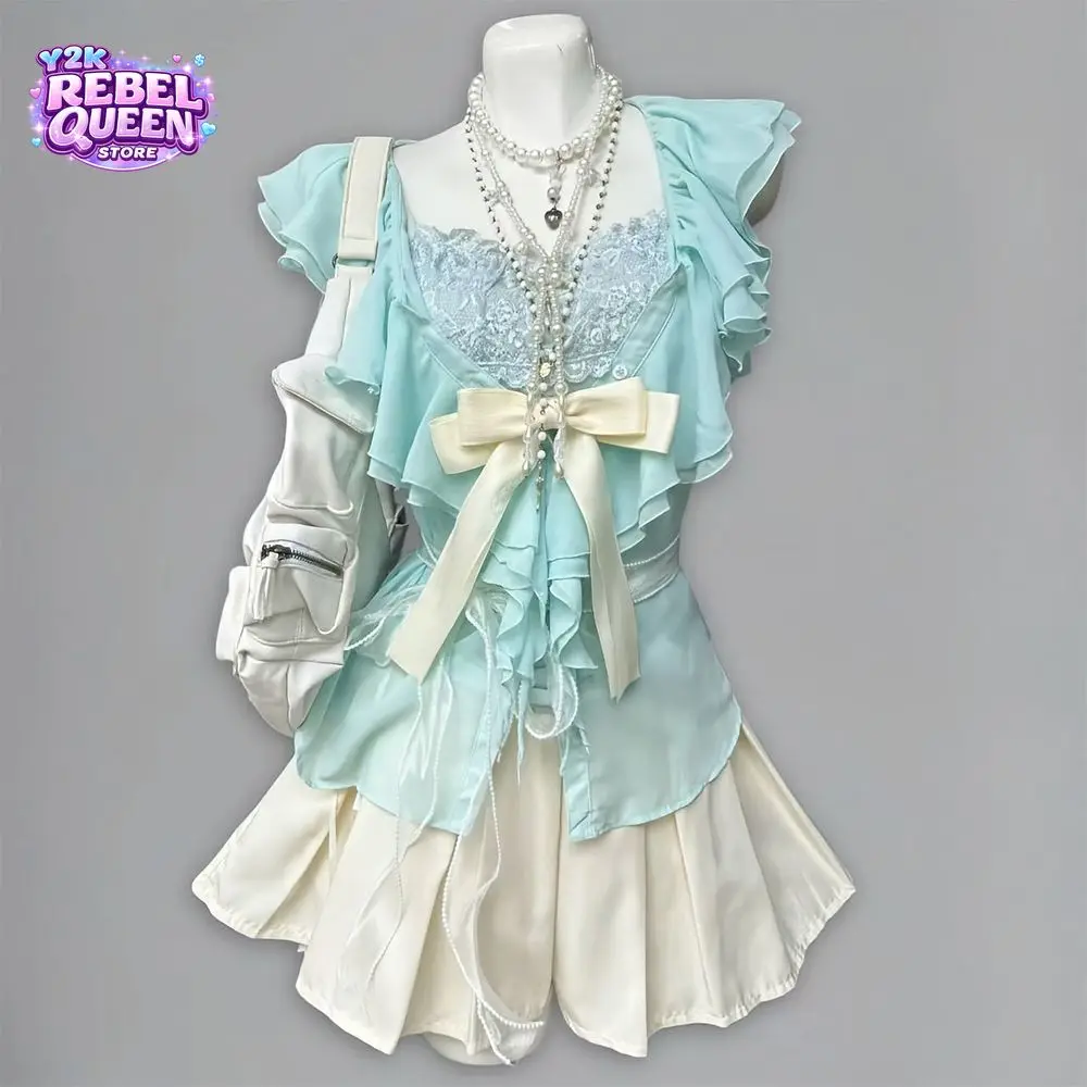Coquette Sweet Vintage Lace Ruffle Bow 2 Piece Set Women Slim Fit Camisole Top High Waist Pleated Skirt Casual Date Night Outfit