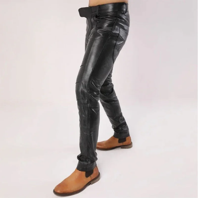 Men's Black Matte Faux Leather Splicing Pencil Pants Male Vintage PU Bodycon Trousers with Pockets Casual Entertainment Custom