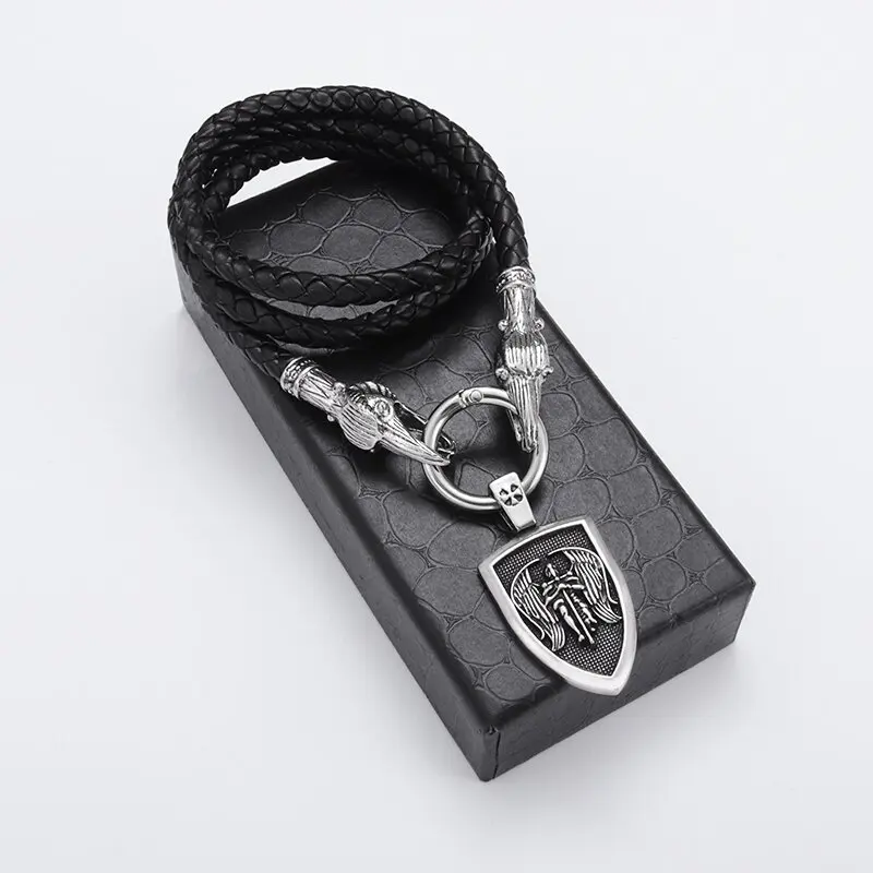 Classic Mythological Style Archangel Saint Michael Amulet Metal Saint Shield Pendant Necklace Men\'s Charm Leather Chain Jewelry