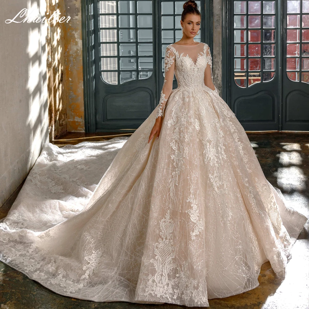 

Lhuillier Scoop Neck Ball Gown Lace Appliques Wedding Dresses Floor Length Beaded Bridal Dress with Cathedral Train