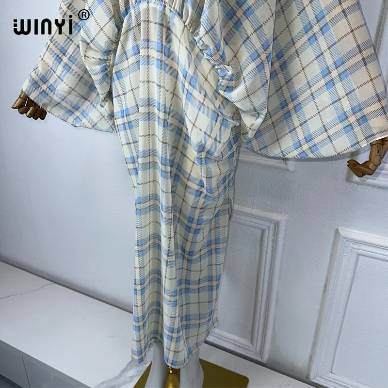 WINYI-Robe classique à carreaux pour femmes, col en V, imprimé écossais, robe de plage, Kaftanabaya, Dubaï, luxe