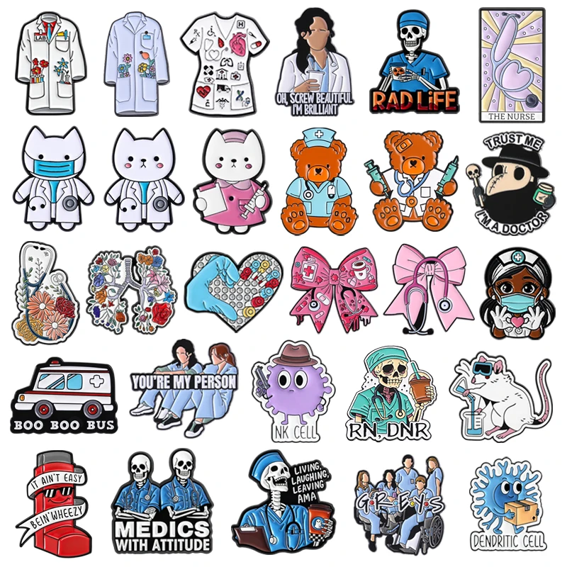 Medical Series Enamel Pins Stethoscope Lab Coat Animal Doctor Nurse Bear Cat Brooches Lapel Badge Jewelry Gifts for Friends