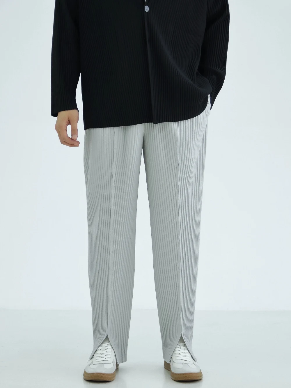 Miyake Trousers Pleated Slit Pants British Stylish Black Pants For Mens Breathable Casual Drape Everyday Pants