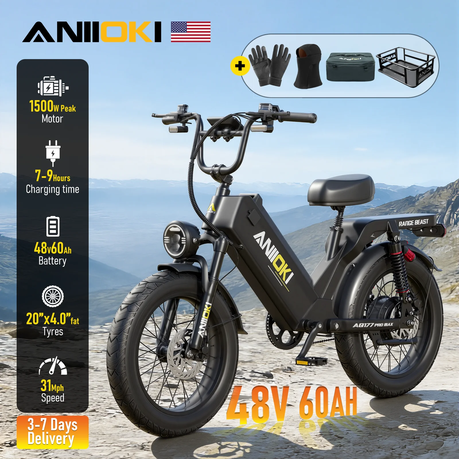 

2026 ANIIOKI Electric bike 1500W Peak Motor 48V 60Ah Battery Long Battery Life 31mph Adult EBike Fat Tires 20"*4"
