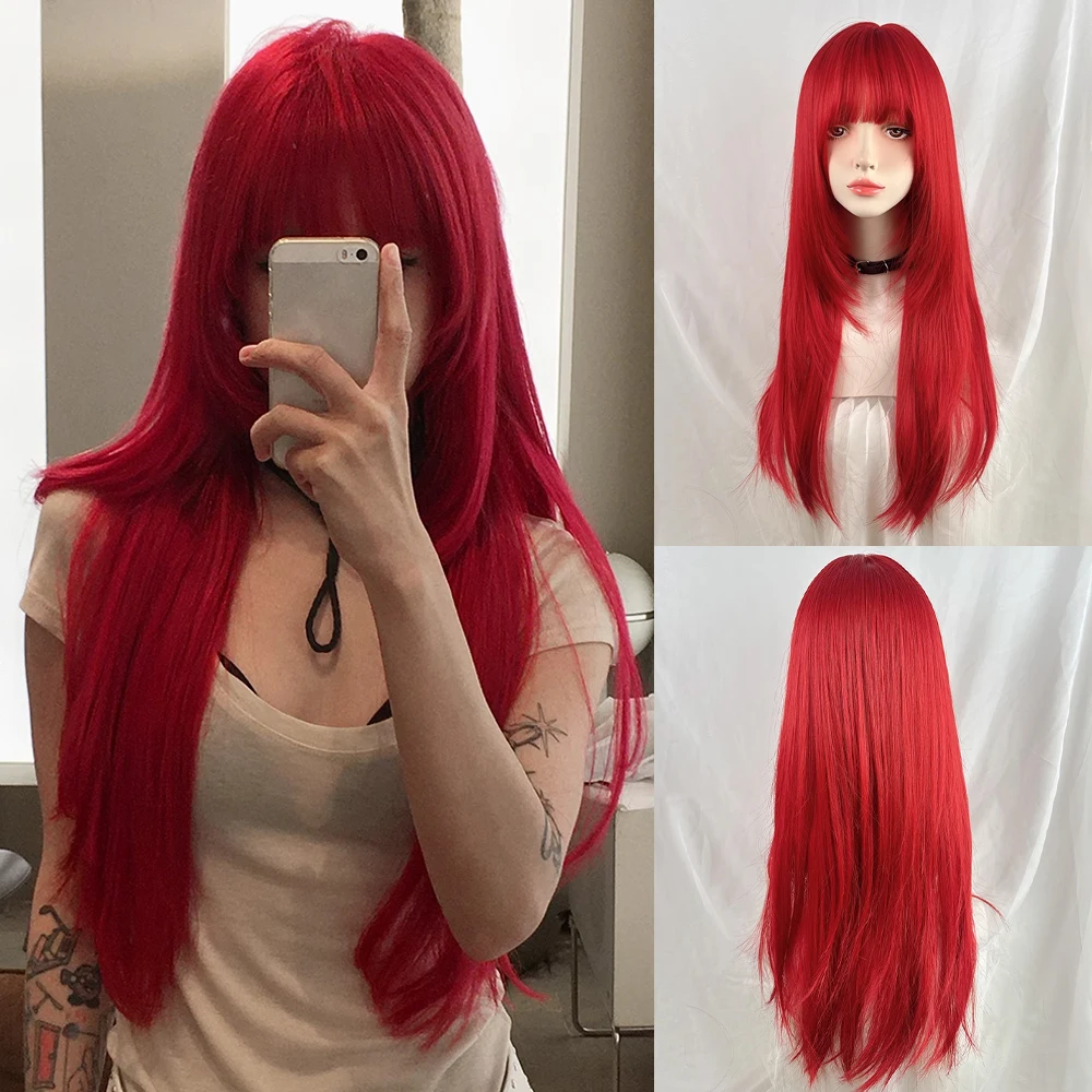 

Long Straight Wigs with Bangs Fluffy Women Synthetic Red Lolita Cosplay Fluffy Wig Heat Resistant for Daily Party