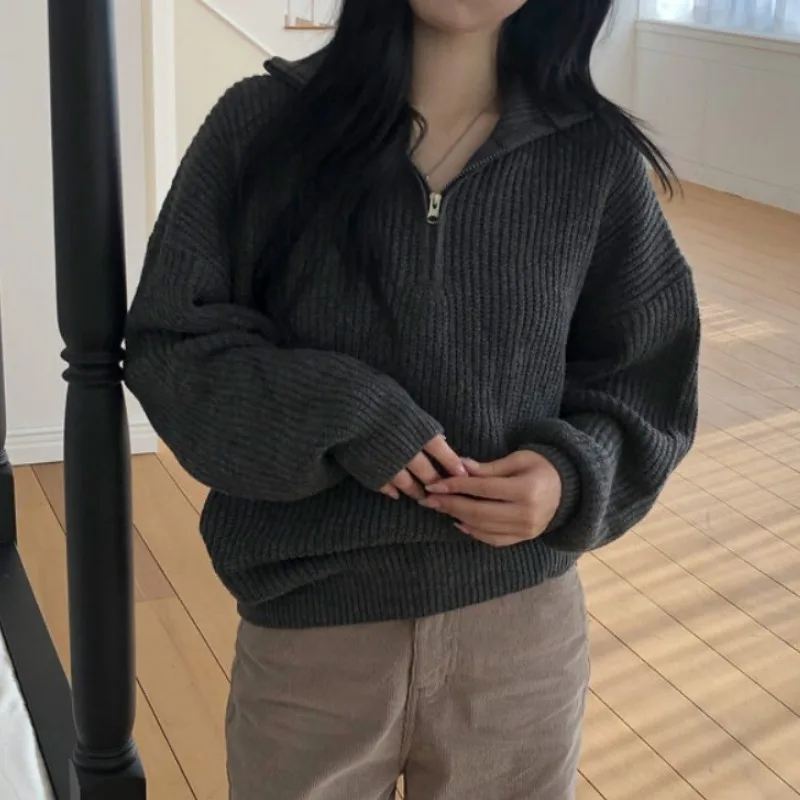 

Thickened Pure Color Knitted Sweater Winter New Style Loose Fit Hooded Warmth Half Zip Large Collar Lazy Style Polyester Blend