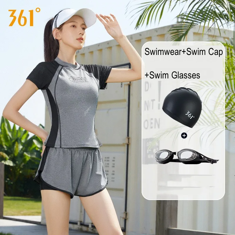 361°Women WaterProof Bikini Sets Paded SwimSuit Glasses Cap Sexy Two Pieces Front Zipper Quick Dry Surfing Beach Bathing Wear