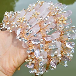 Raw Crystal Quartz Crown Headband Women Pink Crown Flower Crystal Mermaid Tiara Headband Handmade Natural Stone Witch Headpiece