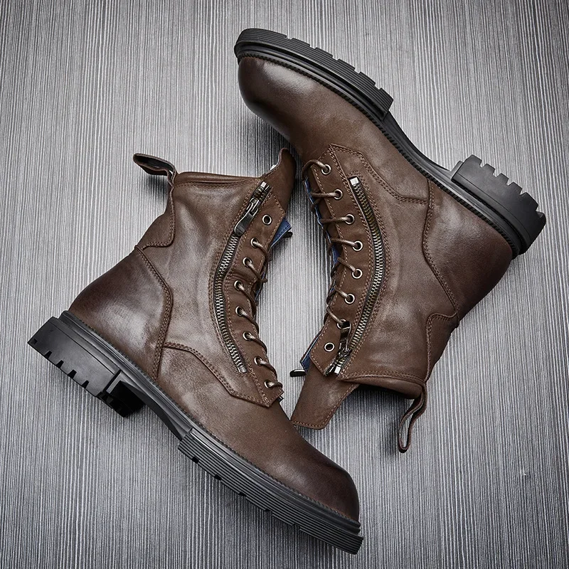 British Genuine Leather Motorcycle Boots Male Trendy High-top Casual Lace-up Work Shoes Botines Hombre