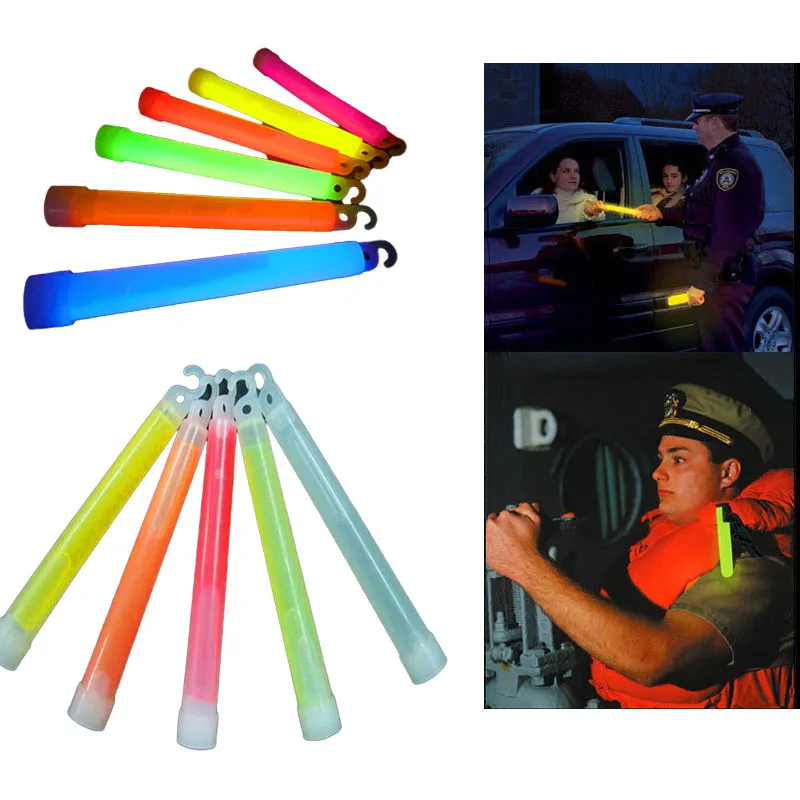 10pcs x 6 Inch Glow Light Fluorescent Sticks w Hook Survival Kit  Hiking Camping SOS Gear Outdoor Military Equipment Concert