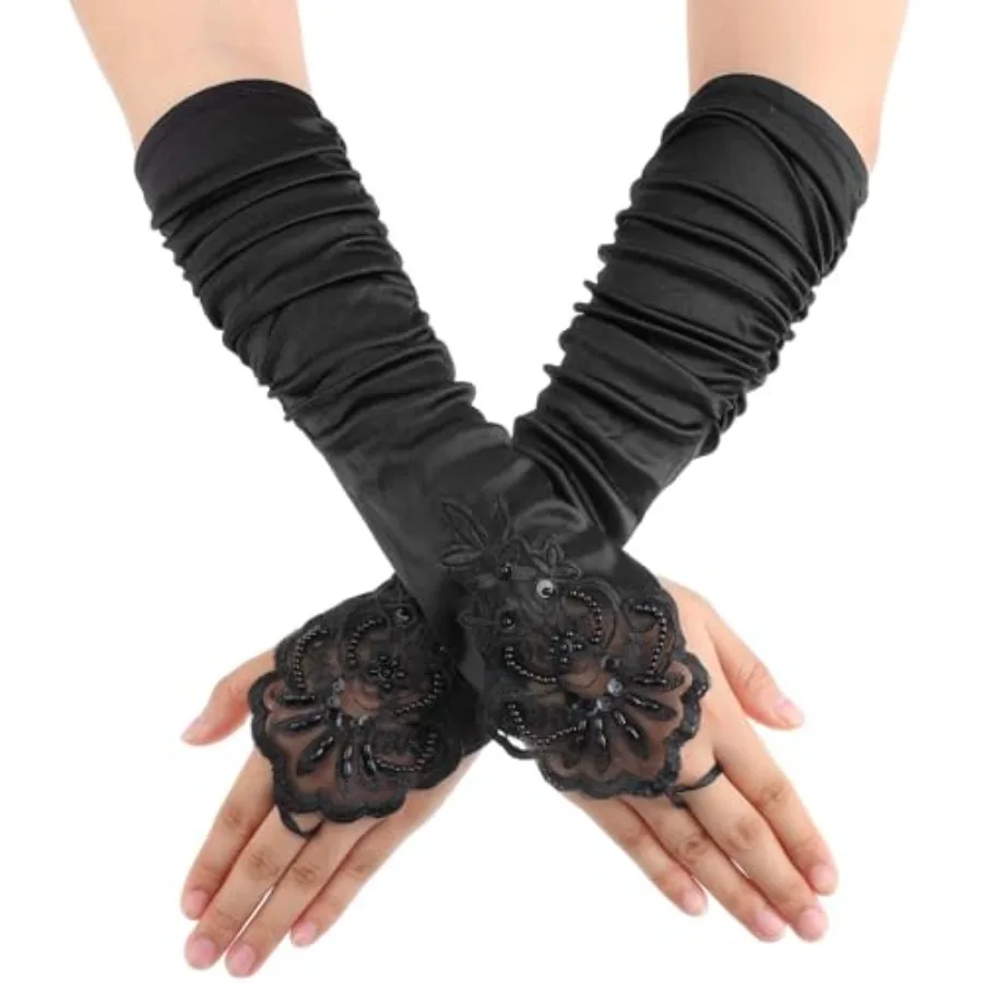 

1 pair Women 20s Fingerless Satin Gloves, Black Long Opera Gloves with Finger Loops, Formal Bridal Banquet Party Wedding Opera