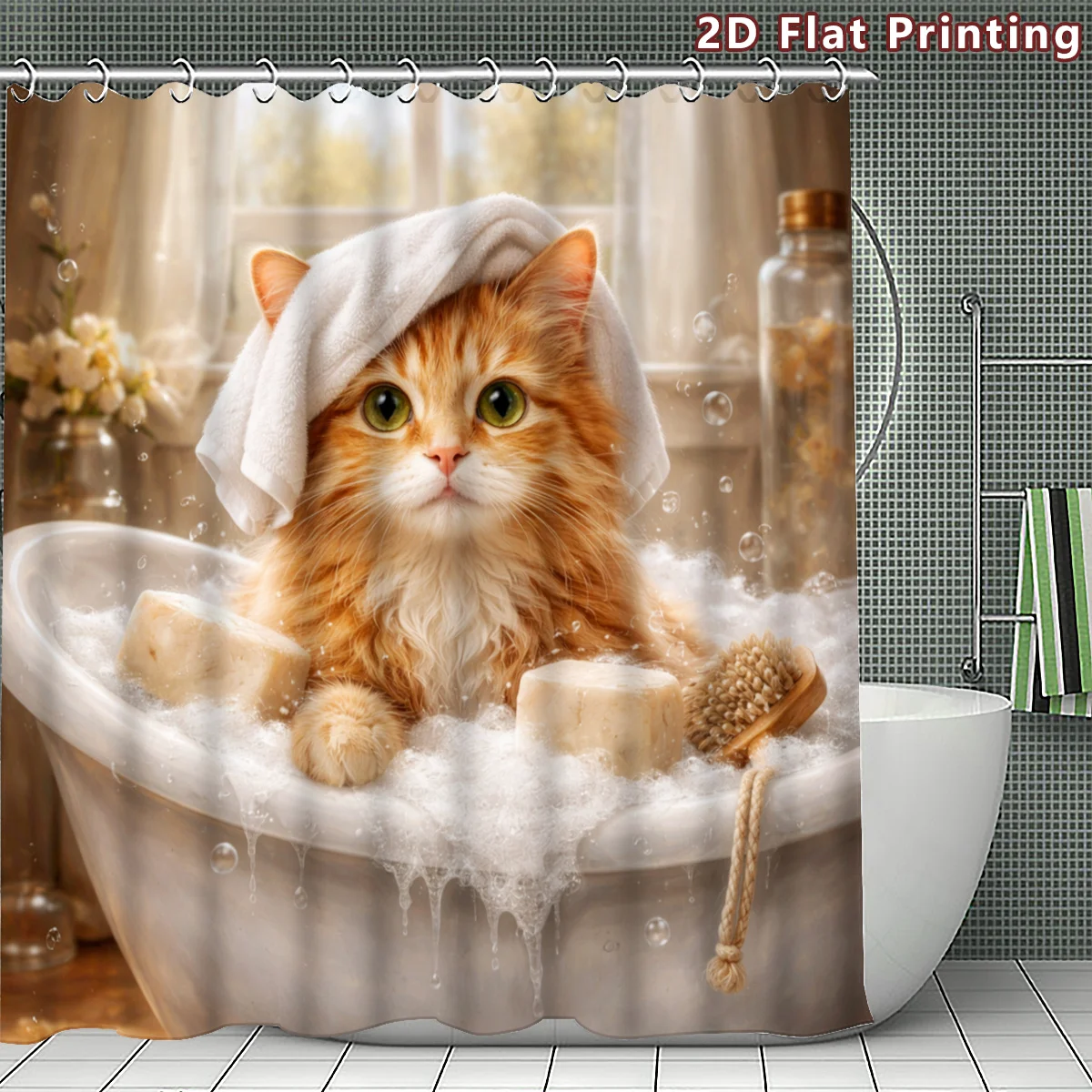 2D Flat, 1pc 2D Flat Bathing Ginger Cat Shower Curtain, Bathroom Decor, Multi-Size Options (80X180Cm, 120X180Cm, 150X180Cm, 180X view 5