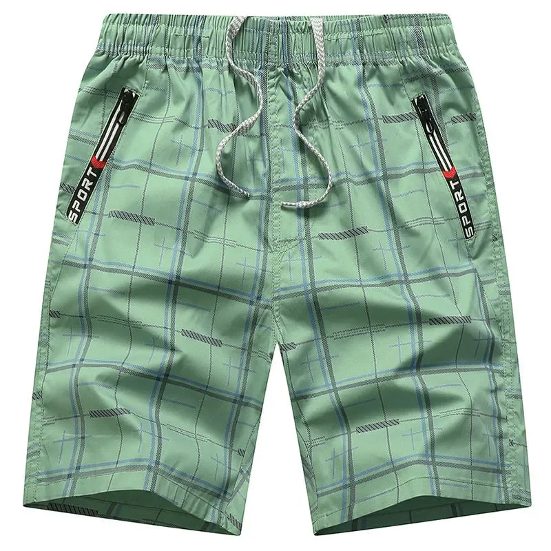 

Мужские повседневные шорты в клетку с эластичной резинкой на талии и шнурком, длиной до колена, пляжные шорты с карманами на молнии, свободного кроя, летние, хлопковые, для мужчин