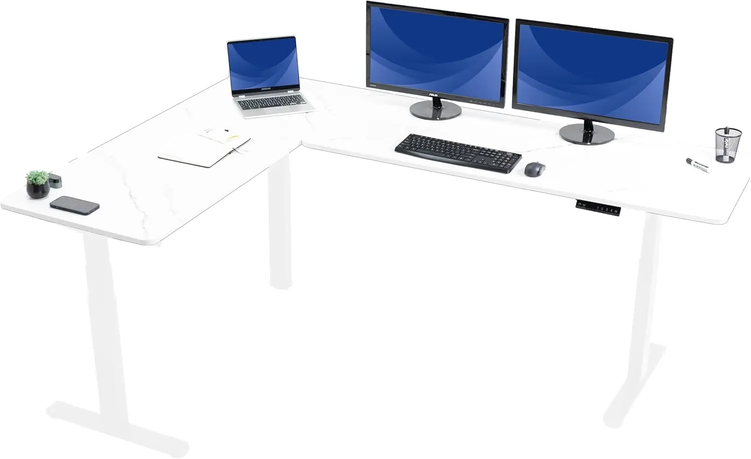 

Electric Height Adjustable 83 x 60 inch Corner Stand Up Desk 2 White Marble Dry Erase Solid Table Tops White Frame