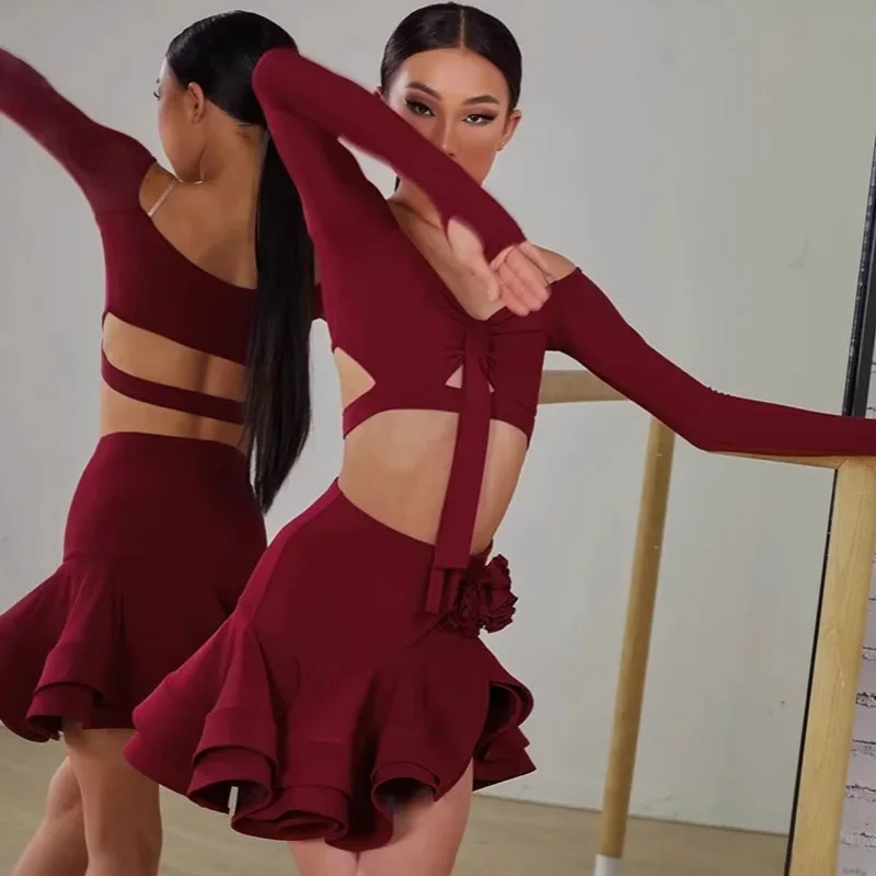 Sexy Off Shoulder Latin Top Ruffled Skirts Latin Dance Costume Stage Performance Clothes Samba Tango Dance Wear Set for Women