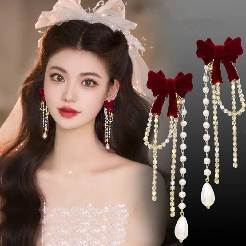 와인 레드 무리 활 진주 술 귀걸이 새로운 패션 트렌드 독특한 디자인 웨딩 쥬얼리 파티 선물
