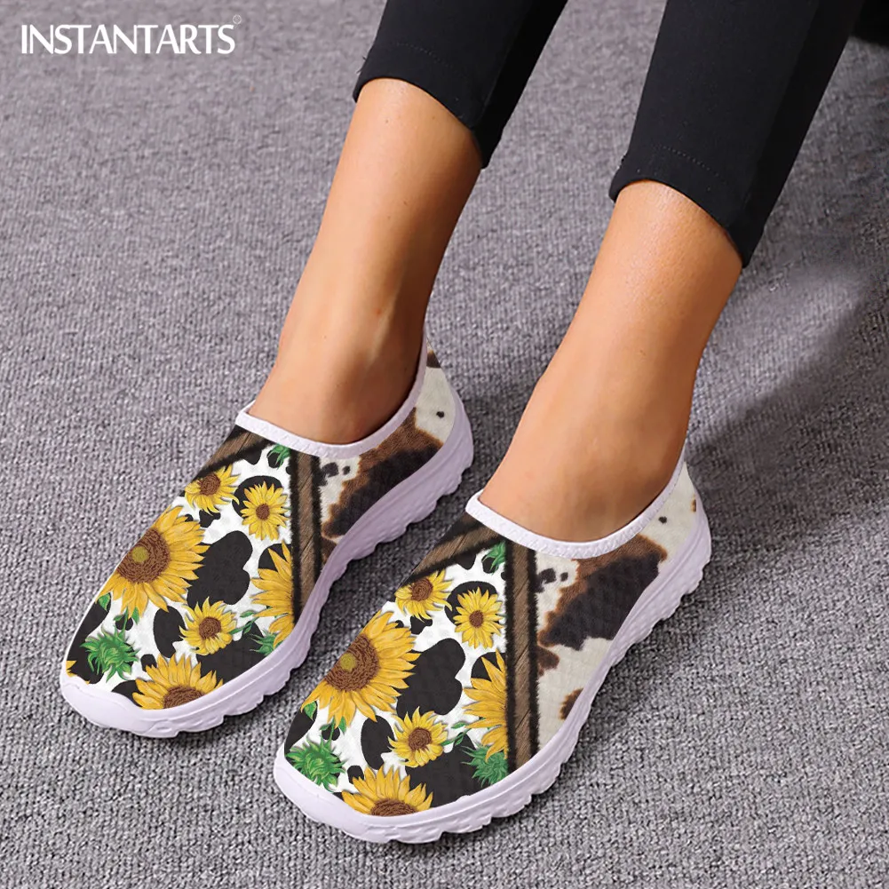 Sunflower Black Prints Women\'s Casual Flats Lightweight Slip-on Mesh Shoes Comfortable Slip-on Tennis Shock Absorption Footwear