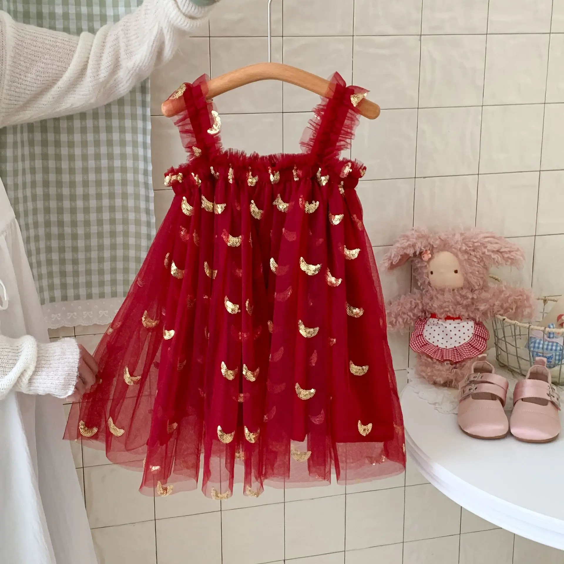 Children Dress Summer Suspender Girls Dress Sequin Embroidered Gauze Dresses Sleeveless Children's Princess Dress Clothes 1-6Y