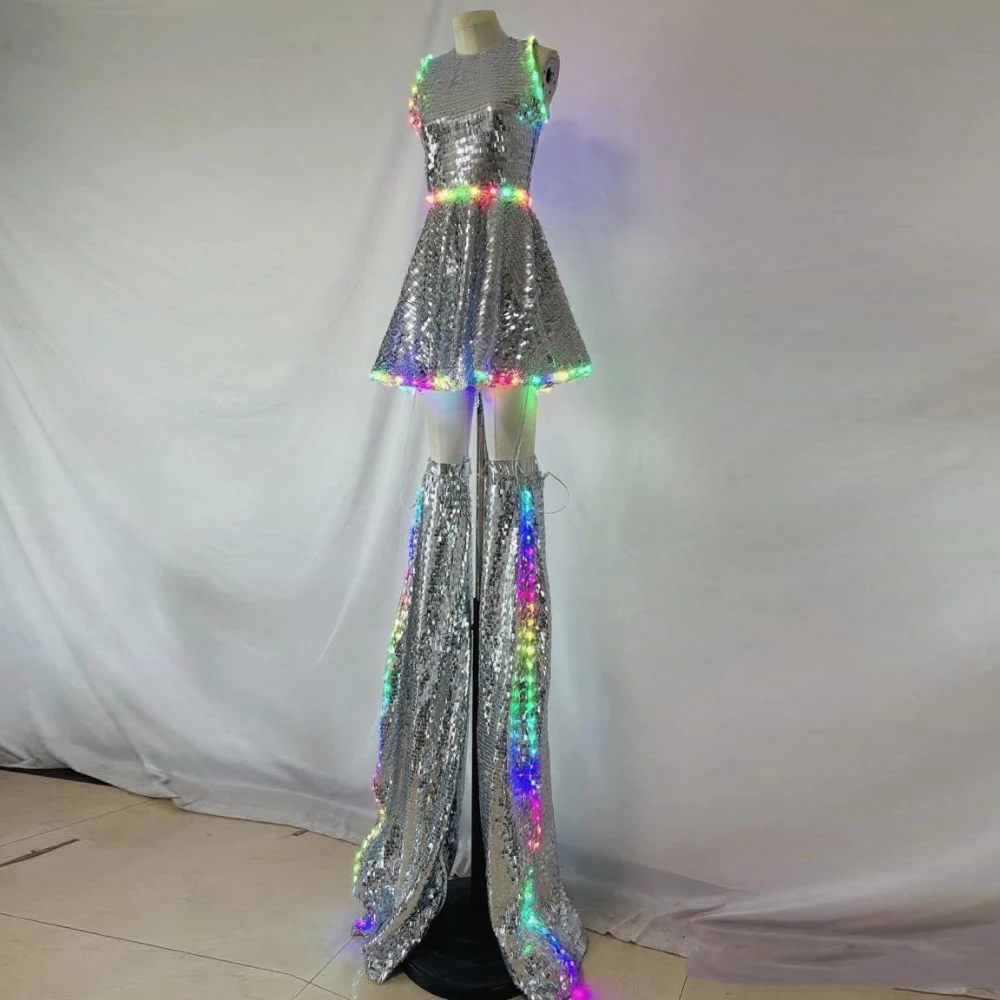 

Shining Laser PU Party Dress Women Sequin Clubwear Sleeveless Gogo Dancer DJ Costume Stilt Walker Performance Outfit