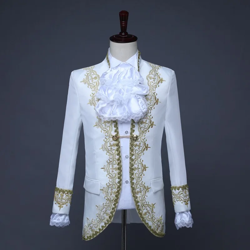 Men Deluxe Victorian King Prince Costume Top Jacket Coat Blazer Suit Pants Jabot Tie Stage Theater Cosplay Outfit Halloween