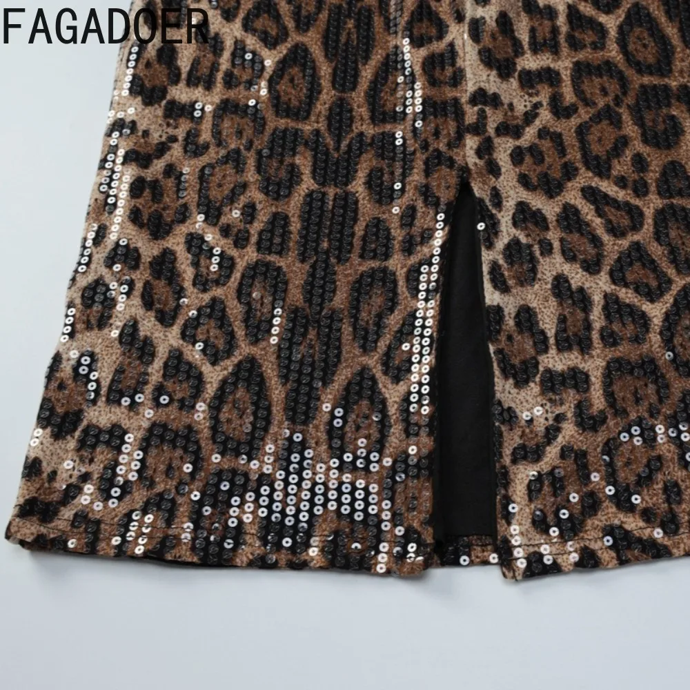 FAGADOER Sexy Leopard Print 2 Pieces Set for Woman Outfits Sequin Sleeveless Backless Crop Top and Skirt Suit Female Streetwear