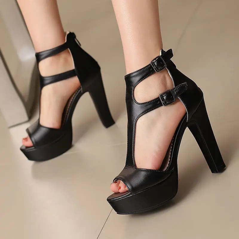 

ORCHA LISA New Design Female Sandals Peep Toe Chunky Heels 12cm Platform 3.5cm Zipper T-strap Big Size 48 49 50 Sexy Party Shoes