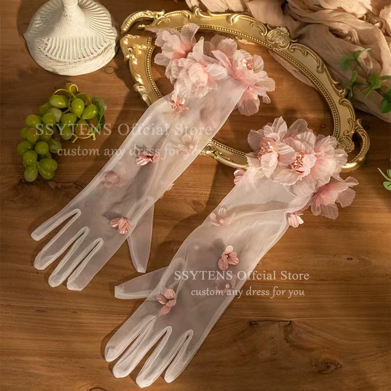 قفازات زفاف طويلة من التول الأبيض الوردي الحلو حالمة جديدة - إكسسوارات فستان سهرة أنيقة لحفلات الزفاف لوصيفة العروس #4