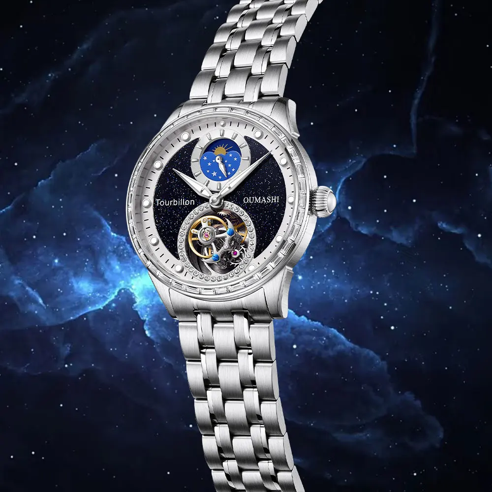 Часы 43 мм, мужские автоматические механические солнцезащитные часы с турбийоном и звездой, водонепроницаемые деловые модные часы для пожилых людей