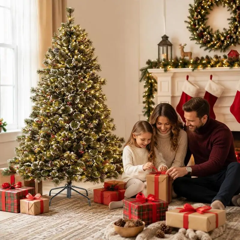 Künstlicher Weihnachtsbaum mit Kiefernzapfen und PVC-Borsten, Mehrfarbige Beleuchtung, Vorbeleuchteter Festbaum 180CM