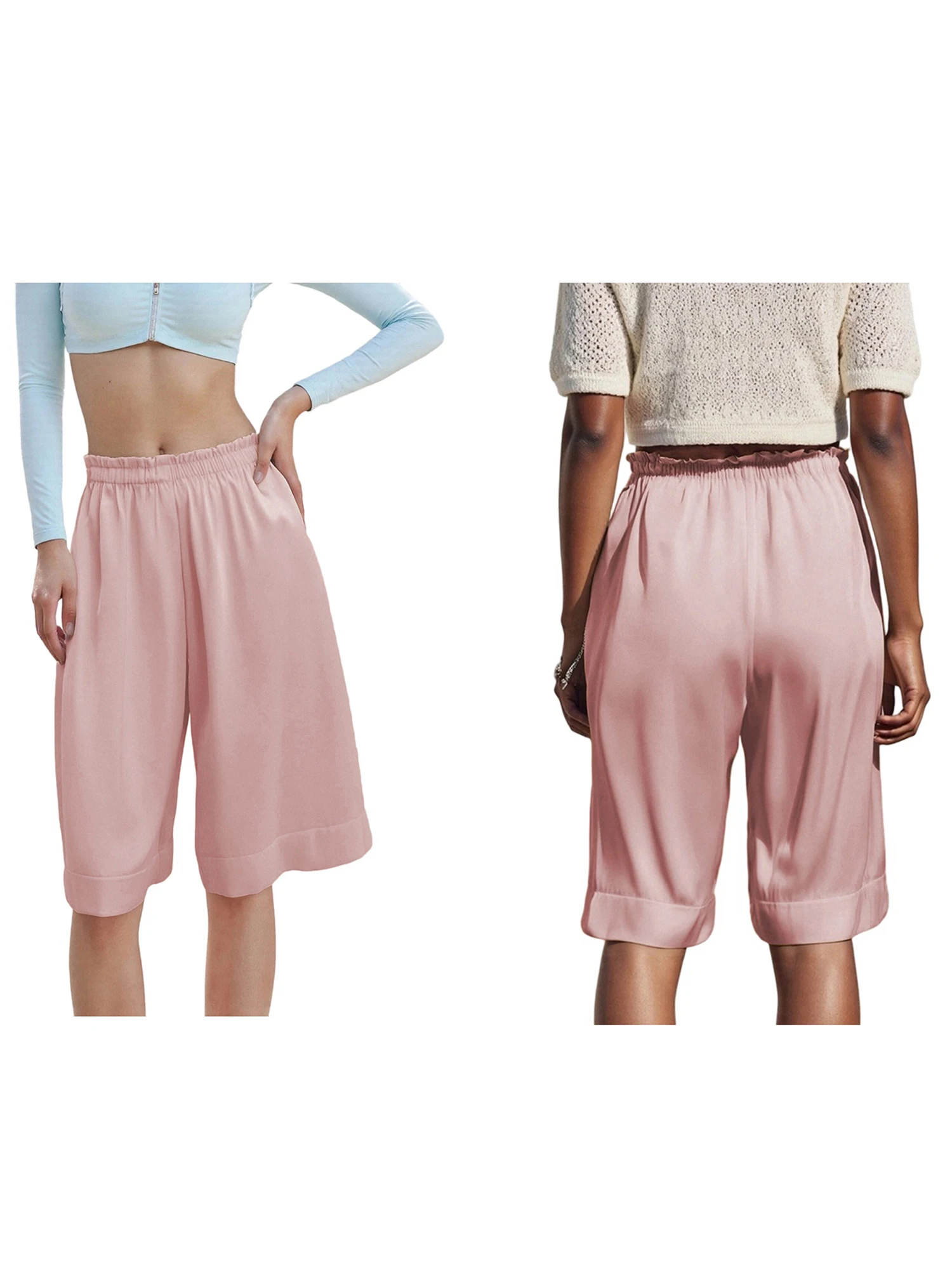 Pantaloncini fluidi al ginocchio da donna con tasche e elastico in vita - Pantaloncini setosi casual a gamba larga in tinta unita per l'estate