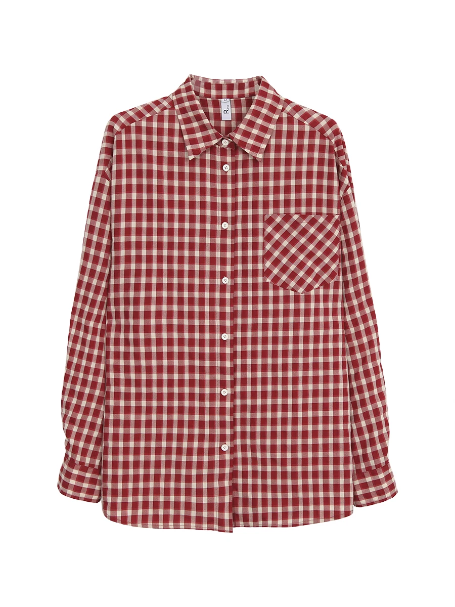 قميص نسائي أحمر منقوش صيفي جديد أنيق راقي خفيف الوزن مضاد للشيخوخة بأكمام طويلة فضفاض مريح مصنوع من مزيج البوليستر والقطن #2