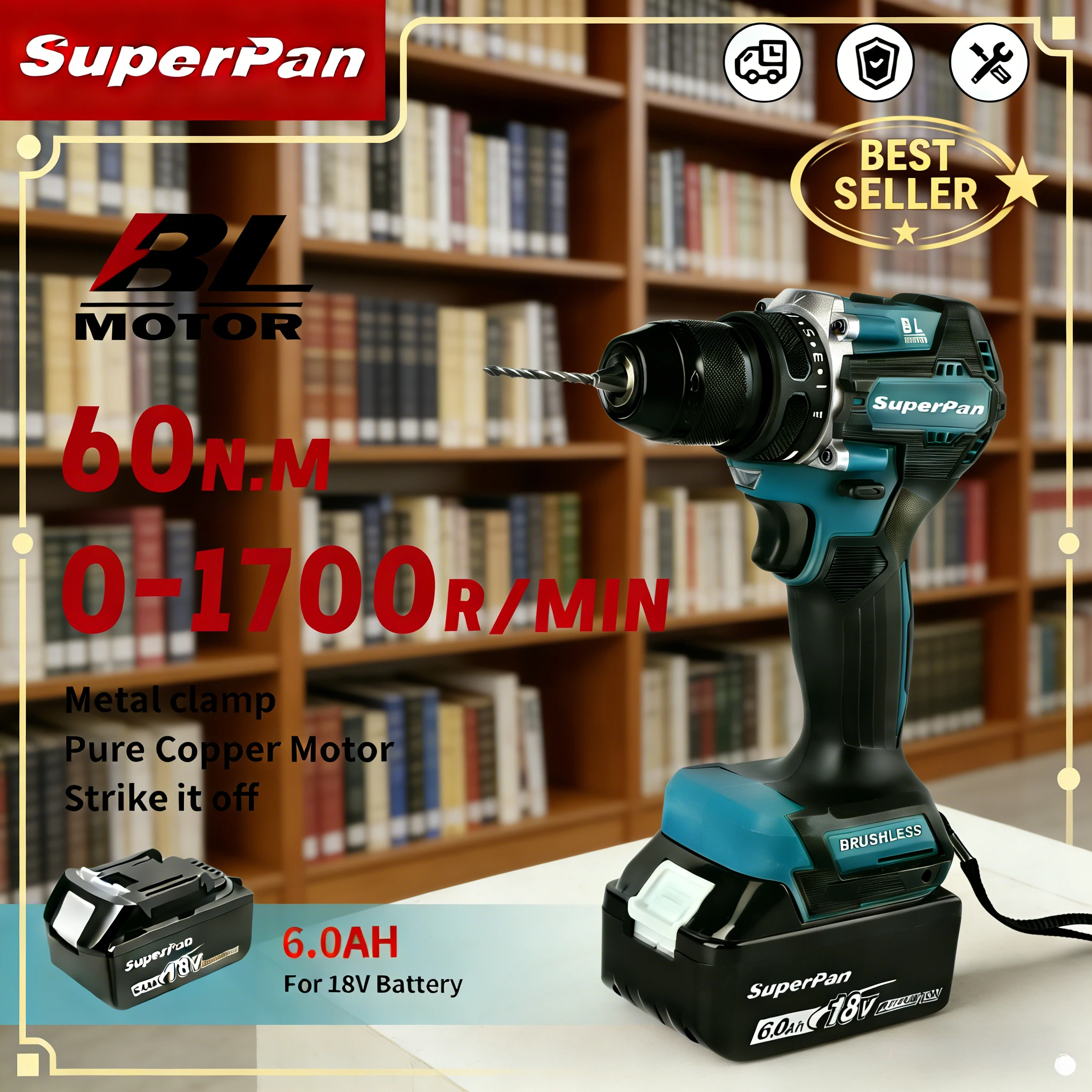 

Бесщеточная ударная дрель SuperPan SP487, 21+1 режим крутящего момента и двойная скорость, для резьбы по дереву и сверления плитки, совместима с аккумулятором Makita 18В.