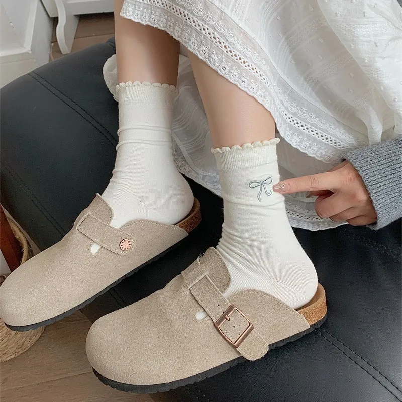 3 paires de chaussettes blanches à volants avec nœud brodé, chaussettes d'école en coton à Tube moyen pour filles, chaussettes Coquette de Style coréen pour femmes de haute qualité