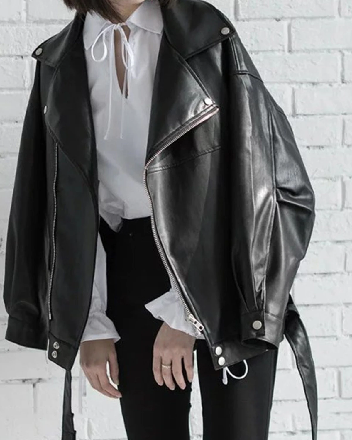 Fitaylor Women Faux PU Leather Jacket Vintage High Street Motorcycle Jacket Lady Lapel Zipper Loose Leather Jacket Coat