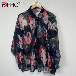 PFHQ Perspective Printed Chiffon Loose Sunscreen Designer Men's Shirt Contrast Color 2024 Casual Male Tops New Fashion 21Z5062