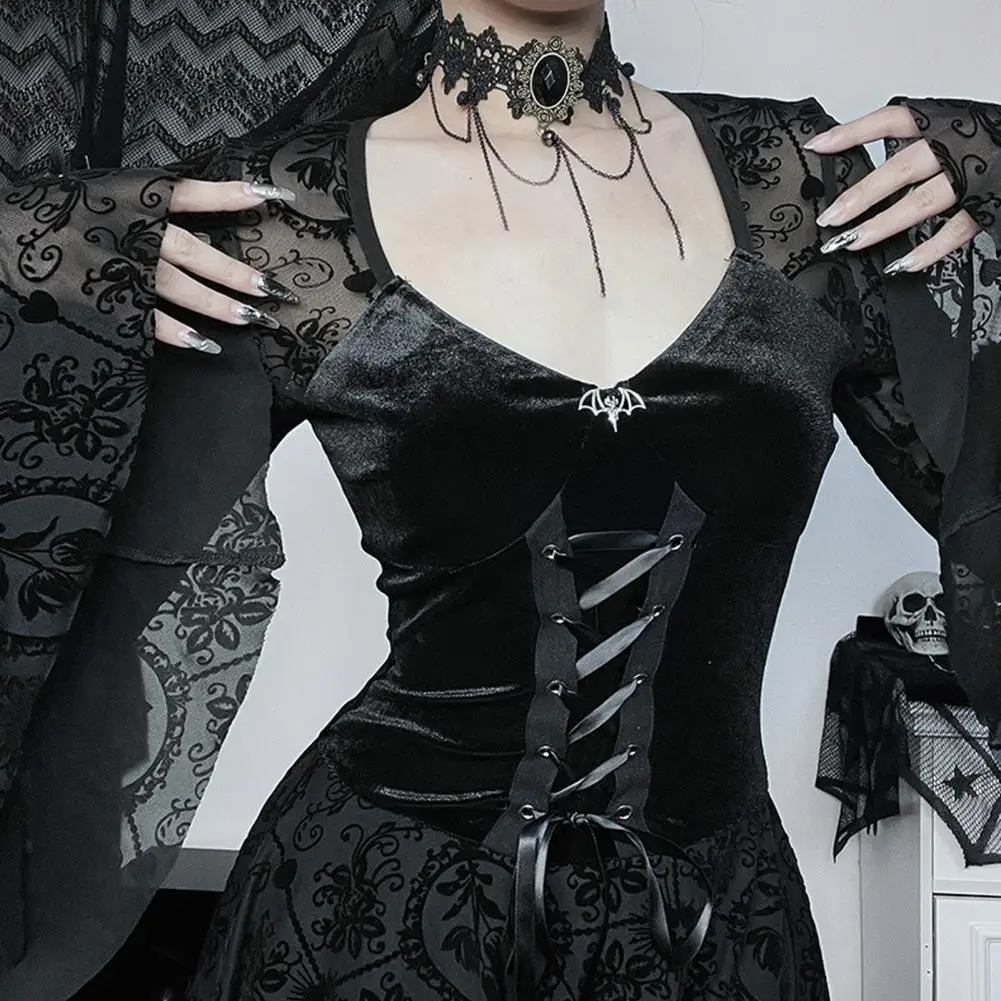 

A-line Mini Dress Vintage Bell Sleeves Halloween Cosplay Dress for Women with V Neck Lace Tie-up Strap Dark Style Performance