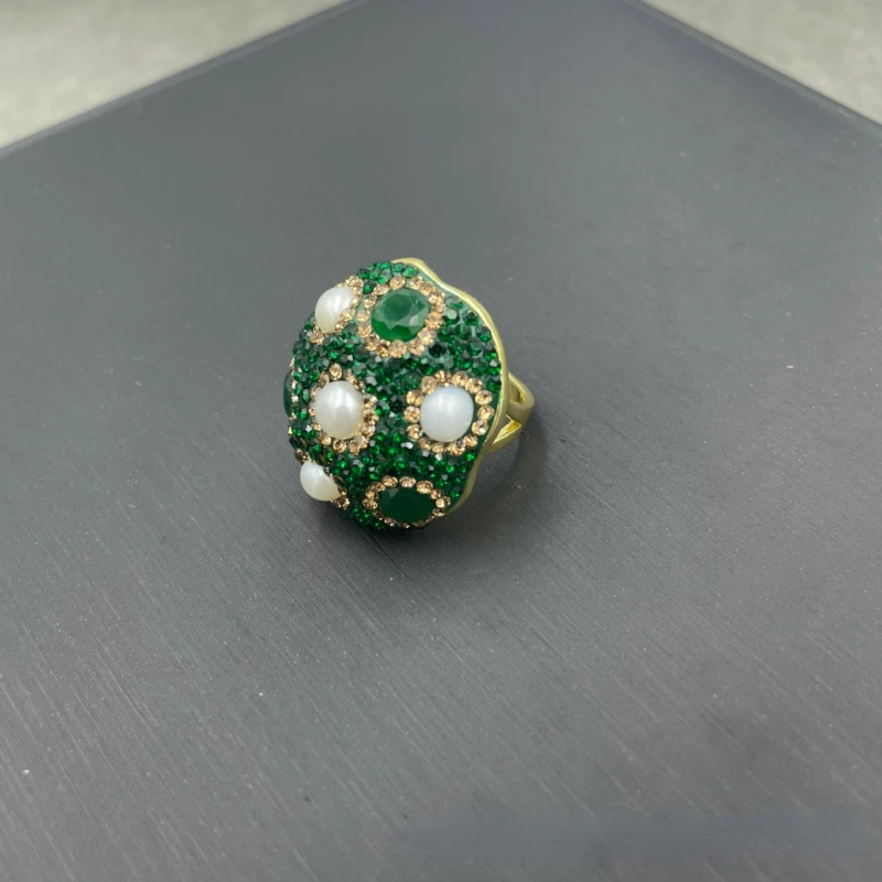Natural freshwater pearl green rhinestone ring Exquisite fashion women\'s wedding party jewelry