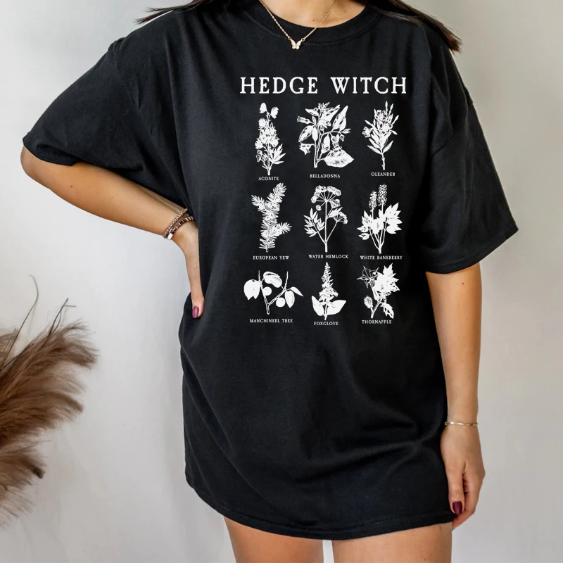 Hedge Witch Poisonous Plants Vintage Tshirt Oversized Botanical Grunge Gothic T-Shirt Graphic Tops Women Hippie Witch Tee Shirt