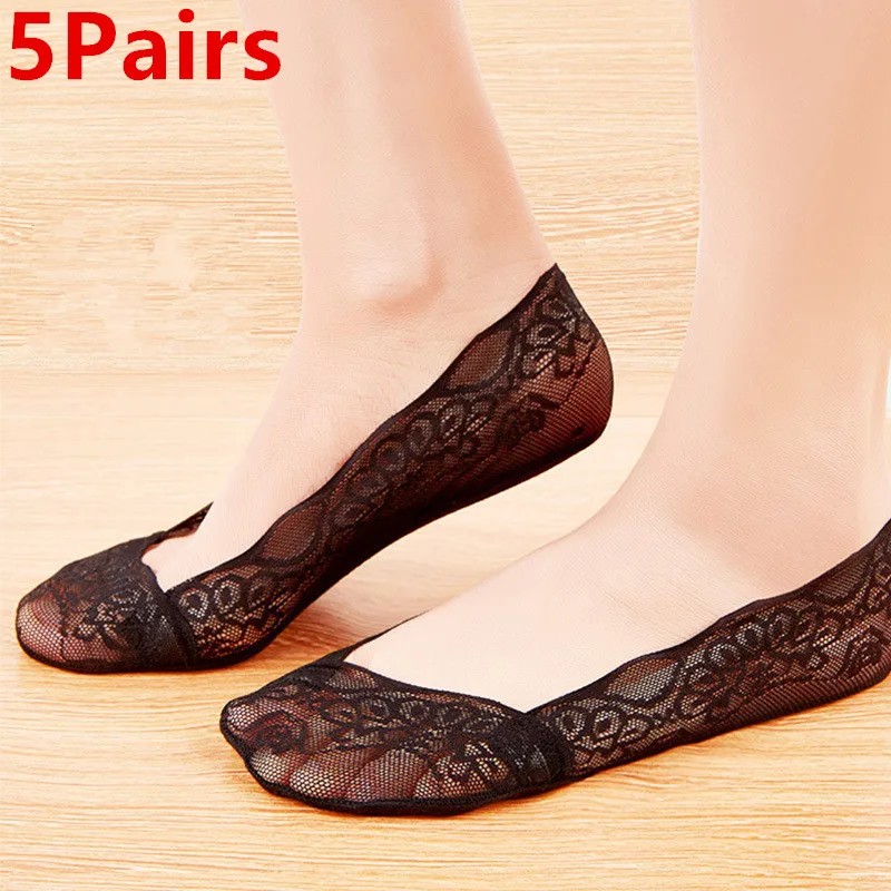 

5 Pairs/Lot Socks Women's Lace Invisible Summer Transparent Short No-Show Ankle Set White Low Cut Silicone Non-Slip Boat Sock