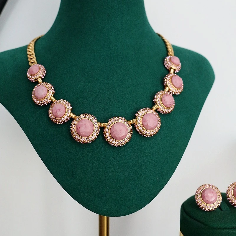 

Necklace and Earrings Set with Pink Round Gemstones Elegant Vintage Style Jewelry Sparkling Crystal Accents for Party Wear