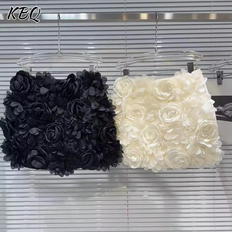 

KBQ Elegant Solid Spliced Appliques Mini Skirts for Women High Waist Temperament French Floral Short Skirt Female Fashion Style