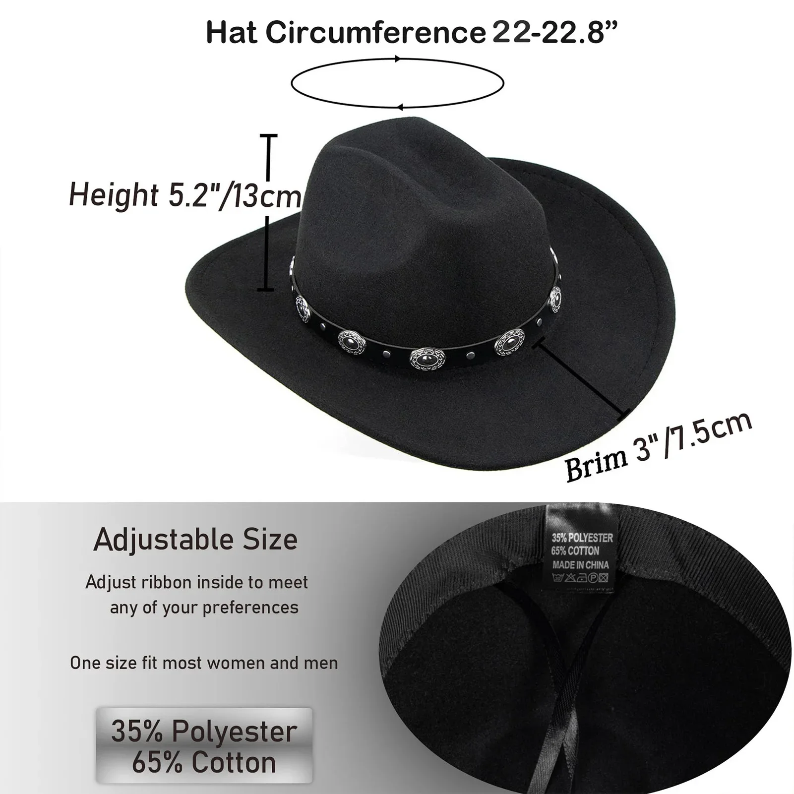 3349 Black Cowboy Hats For Men And Women With Adjustable Sizing Belt Western Express Felt Finish Cowboy Hat - Cattleman Style  main image 3