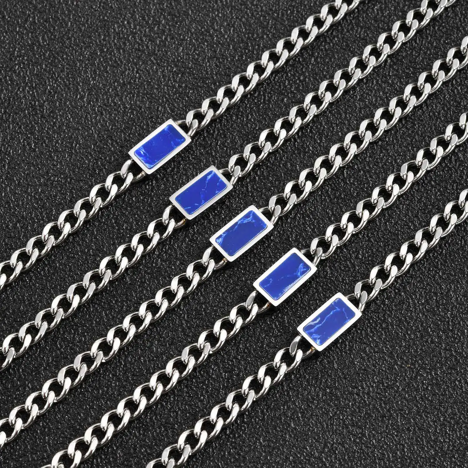 Herren-Halskette mit blauen Natursteinen, 5mm Trendige Edelstahl-Panzerkette, Hip-Hop Punk Schmuck Geschenk – Detail 4